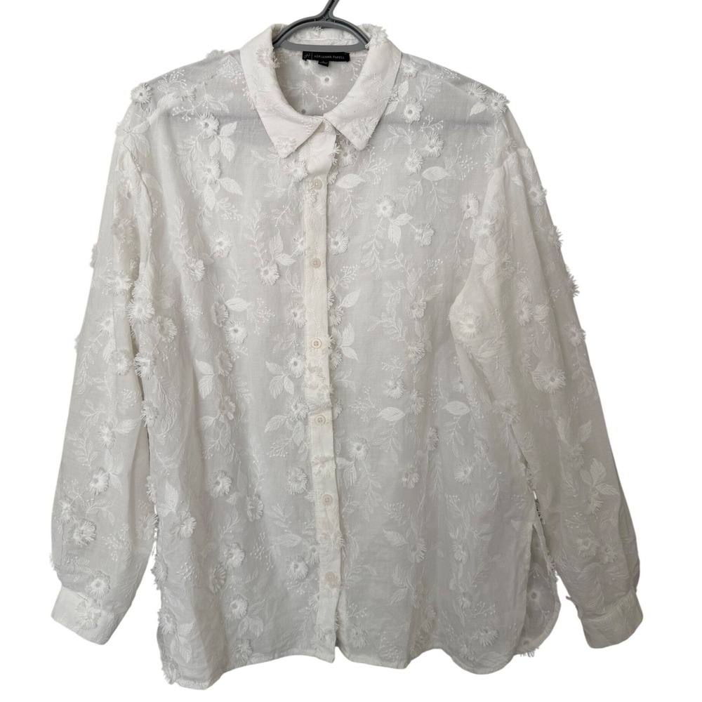 Adrianna Papell White Floral Embroidered Applique Button Down Shirt Large